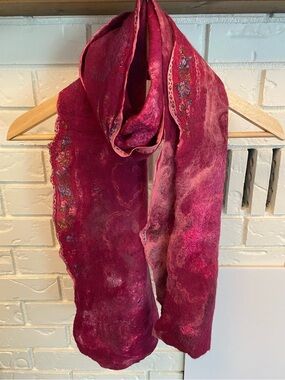Artisan Felted Wool Silk Scarf Handmade Magenta Fuchsia Shawl Wearable Art OOAK